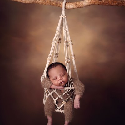 Carlsbad newborn photos, baby hanging from tree branch