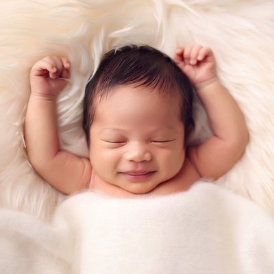 baby smiling on fluffy cream blanket