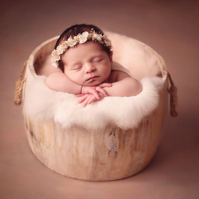 San Diego newborn baby studio, newborn girl in bucket