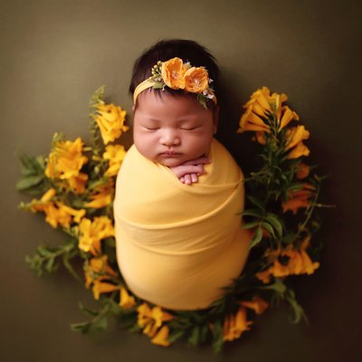 Newborn baby on green with yellow flowers