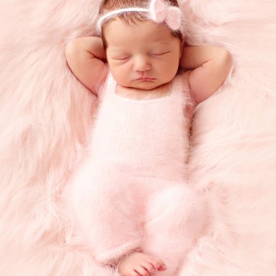 arms under head newborn pose, baby girl in pink outfit