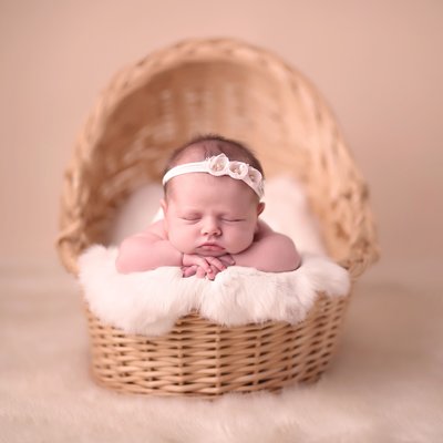 Baby girl in bassinet, newborn photo shoot San Diego