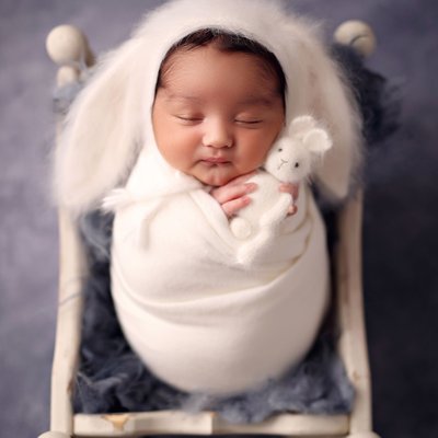 Newborn baby with fluffy bunny hat