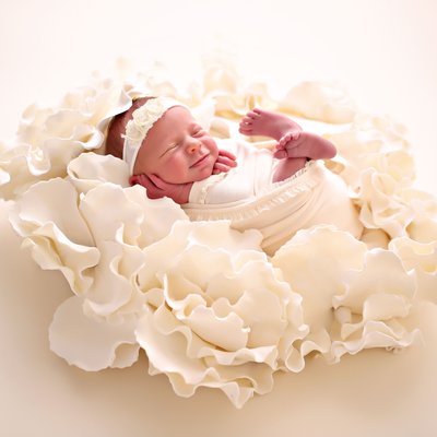 baby in cream flower, newborn photos in San Diego