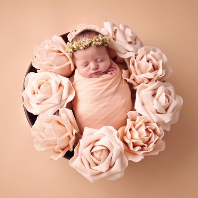 newborn girl in flower basket, Mira Mesa baby photos