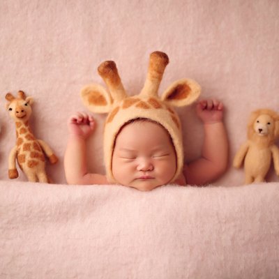 newborn giraffe with safari toy