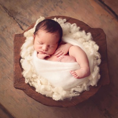 infant boy asleep in wooden bowl, La Jolla photographer