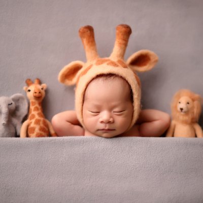 giraffe baby outfit, newborn portrait session San Diego