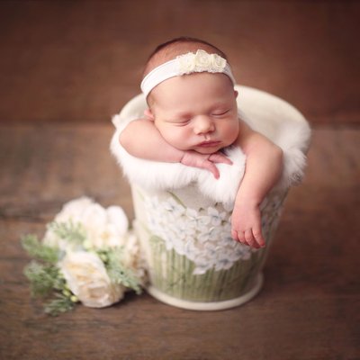 infant girl in flower bucket