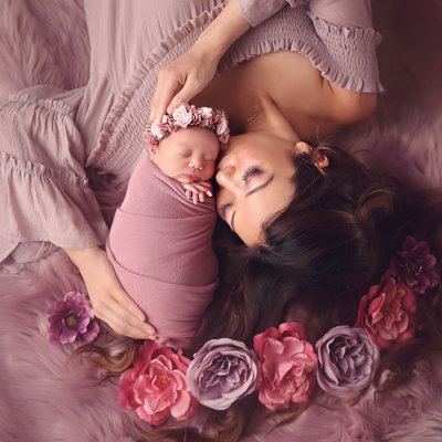 Mother with newborn girl and flowers