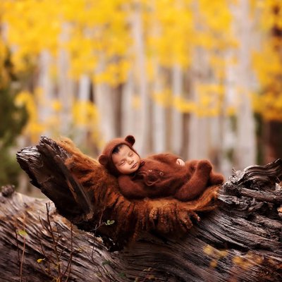 Newborn in bear outfit sleeping in the forest
