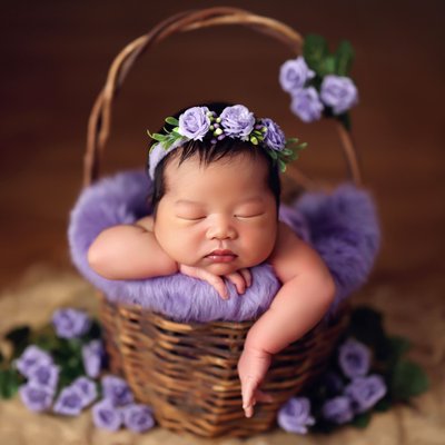 Newborn photography San Diego, baby in a purple basket