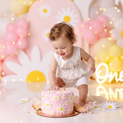 San Diego Cake Smash Photographer Pink Yellow White