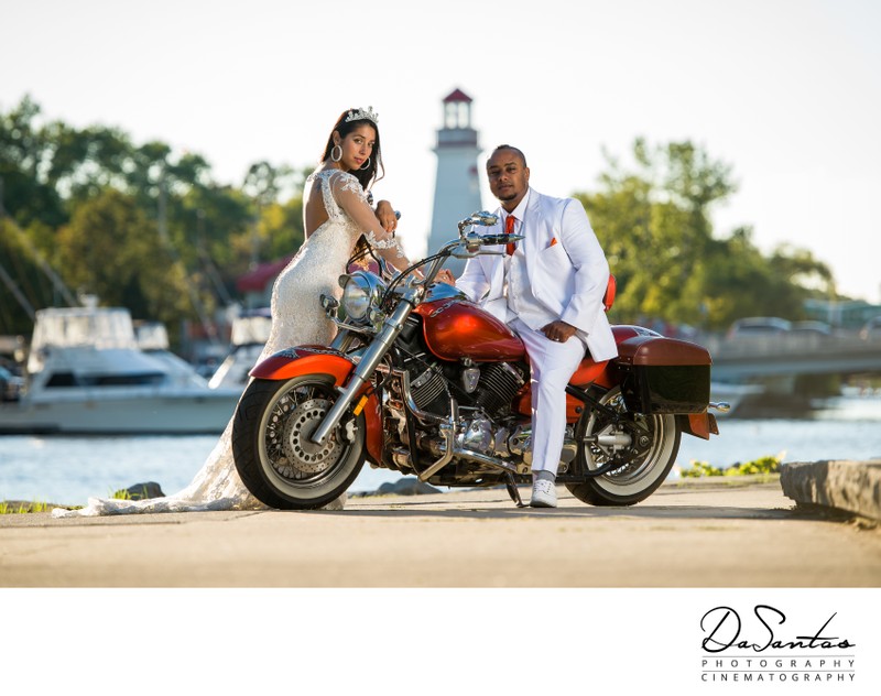 bride and groom on a custom bike