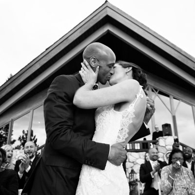 Bride and Groom's First Lake Tahoe Wedding Kiss