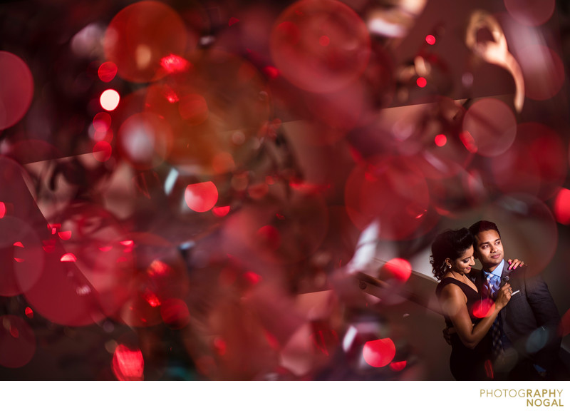 Photograph shot through a light fixture with a red gel.