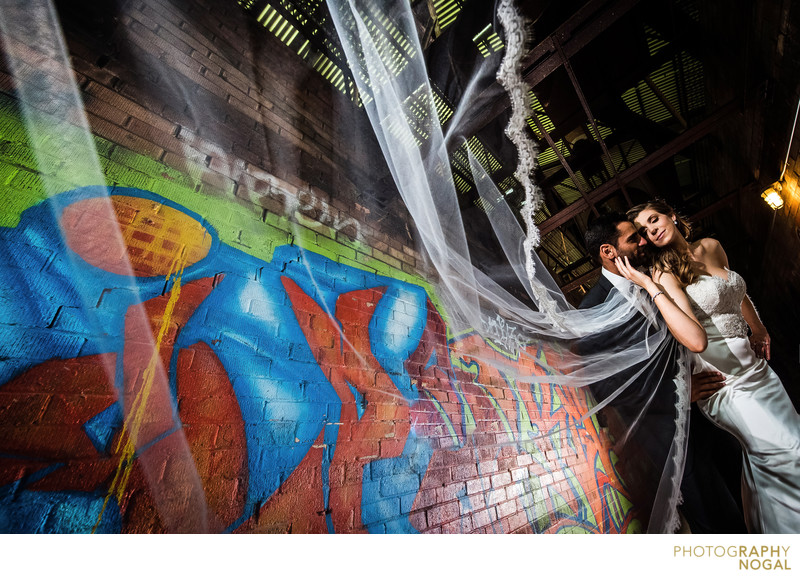 Bride with Long Veil at Brickworks in Toronto