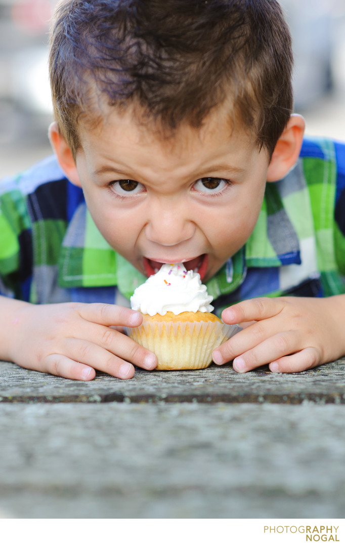 boy eating cupcake on his birthday Etobicoke Family Photographer
