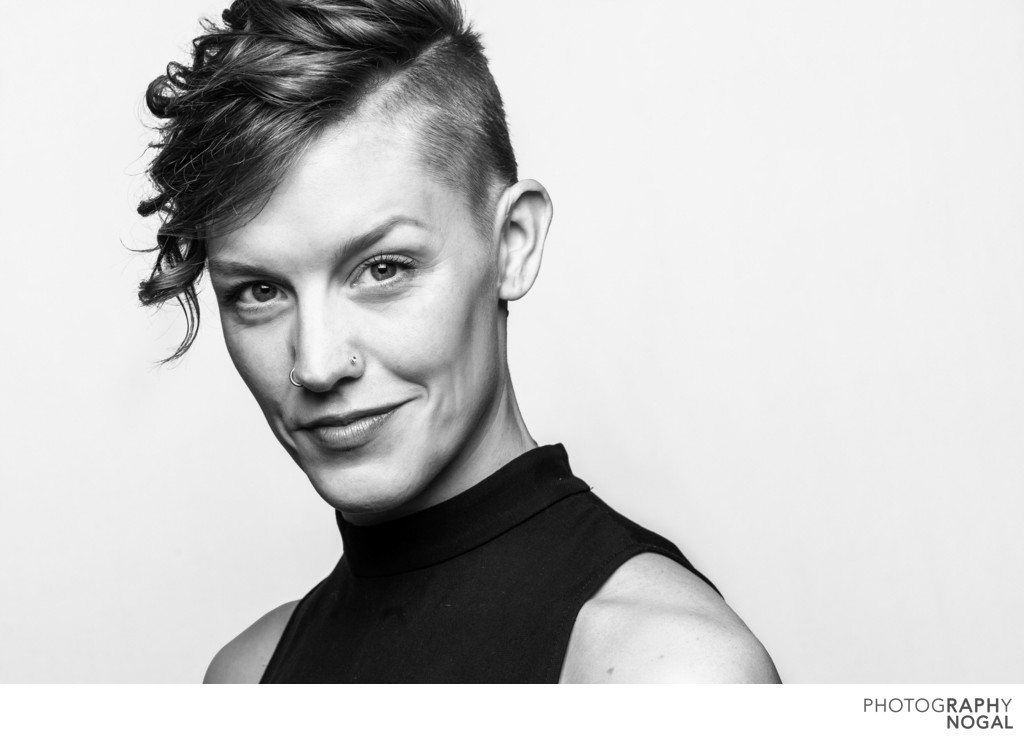 short hair Toronto dancer headshot in black and white