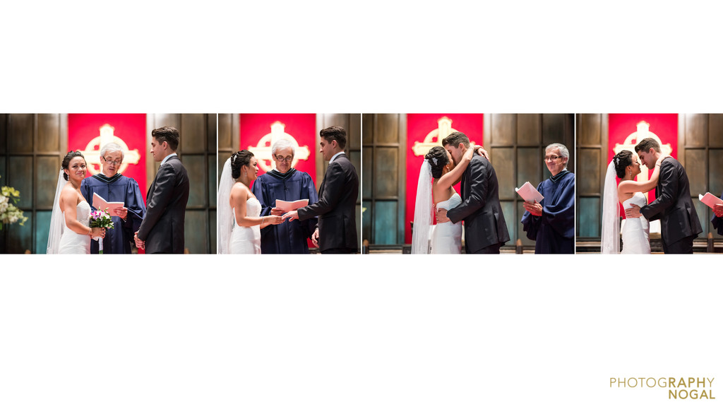 Bride and groom share vows and first kiss