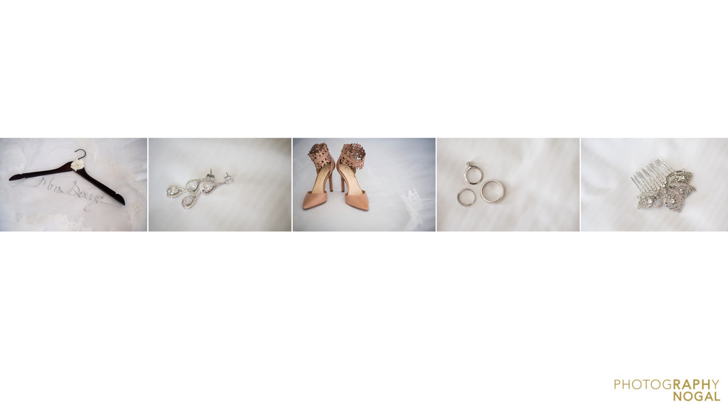 Detail spread of bride's accessories for wedding album