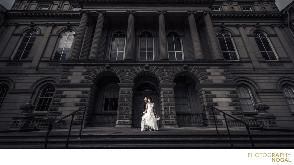 Wedding couple at Osgood Hall dramatic portrait