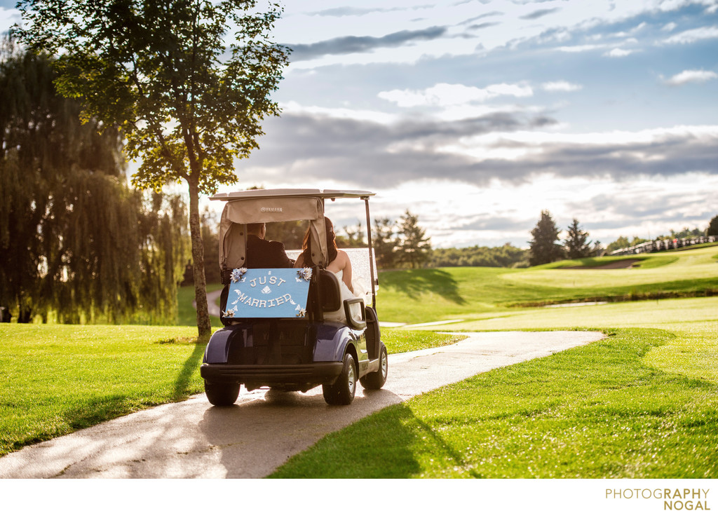 Wedding Couple in Golf Cart at Nobleton Lakes Golf Club