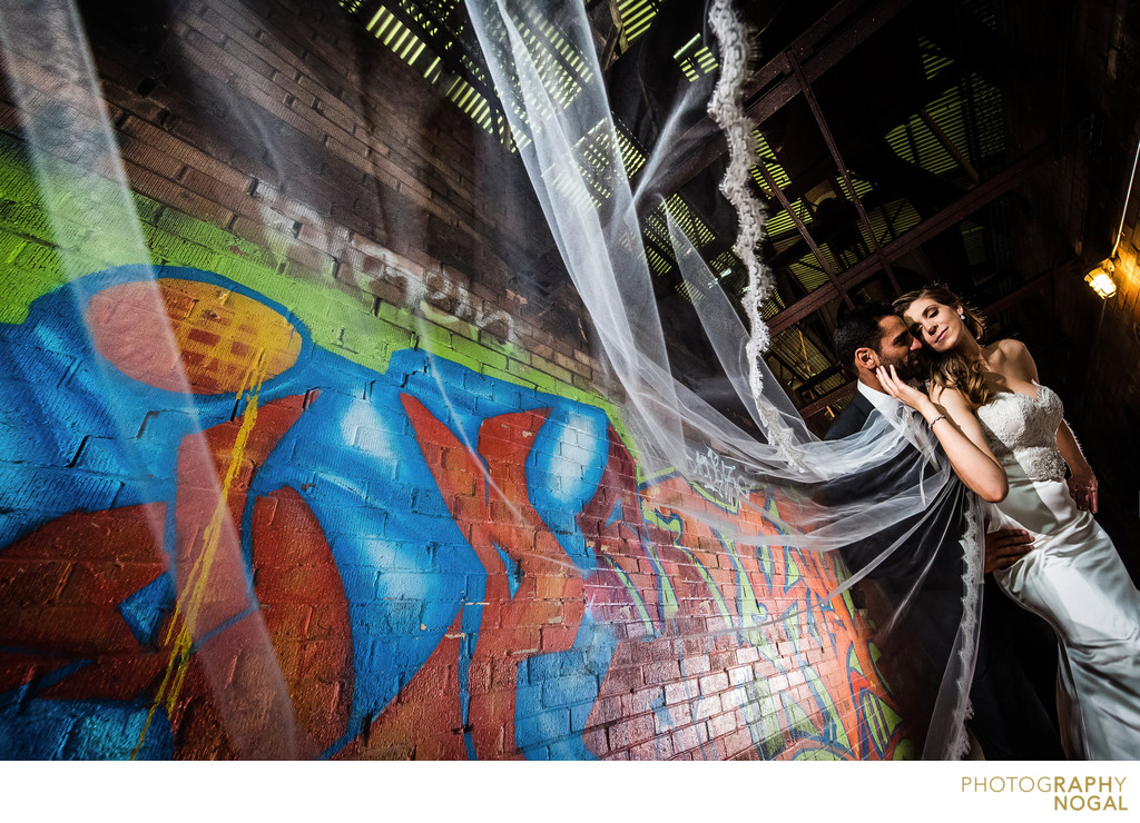 Bride with Long Veil at Brickworks in Toronto