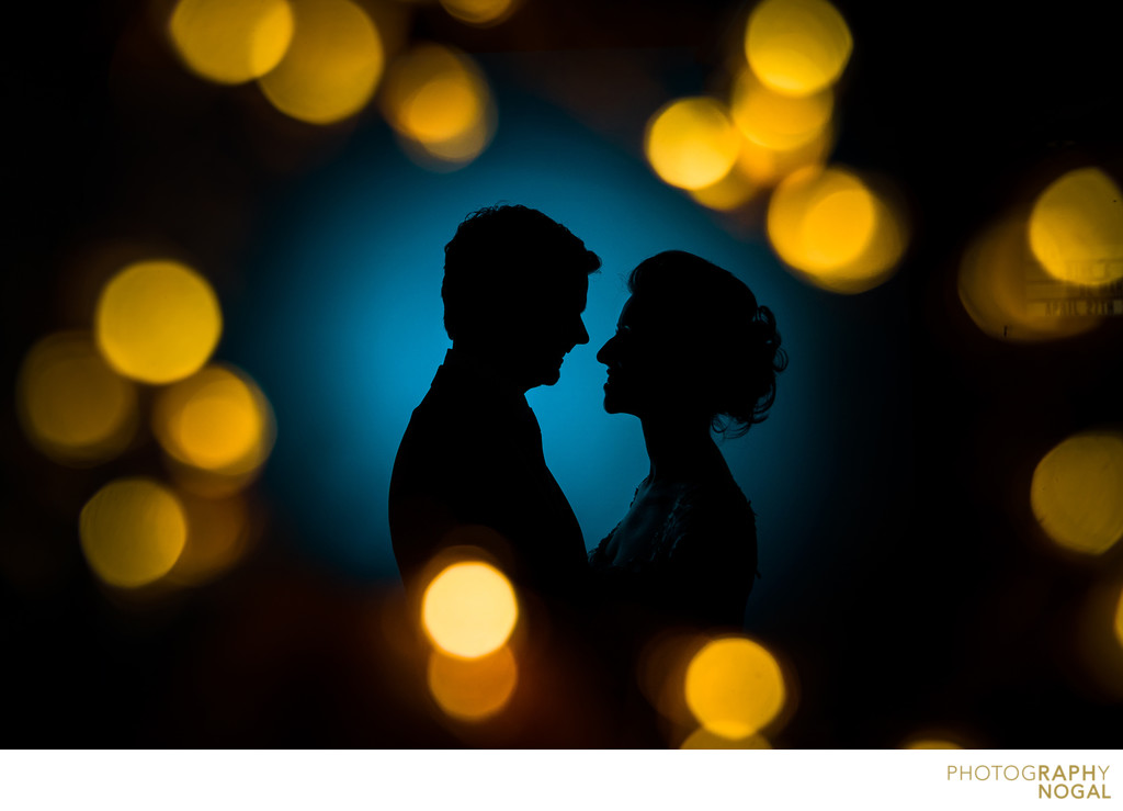 Bride and Groom Silhouette with Bokeh Balls
