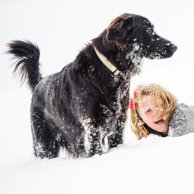 girl playing with dog in the snow