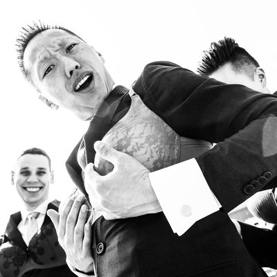 Groom with Bra During Wedding Games