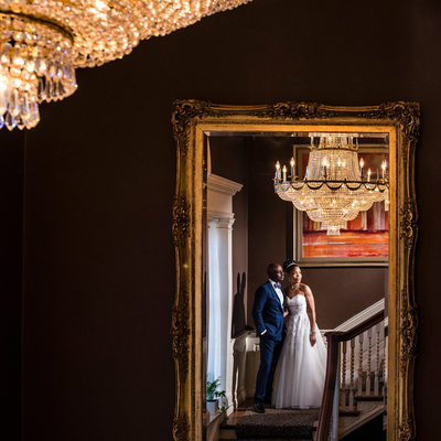 Bride and Groom in Mirror at Graydon Hall Manor