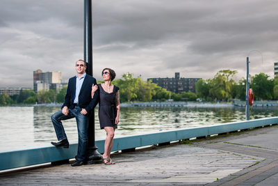 Mimico Waterfront Park, Couple posing against light pole 