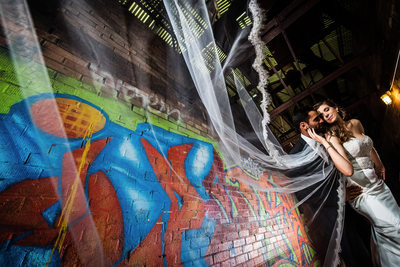 Bride with Long Veil at Brickworks in Toronto