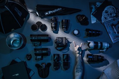 stylized top view of photography equipment