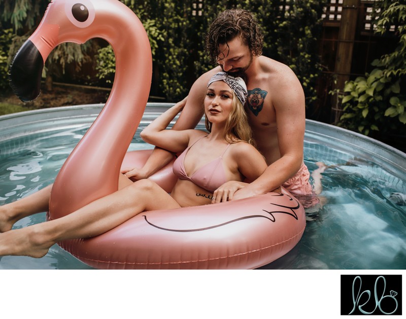 Flamingo and Couple in Pool 