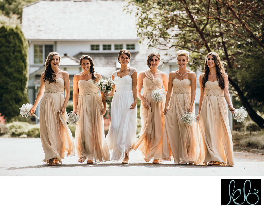 Bride and Bridesmaids Wearing Champagne Dresses