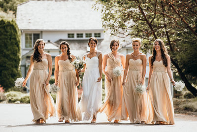 Bride and Bridesmaids Wearing Champagne Dresses
