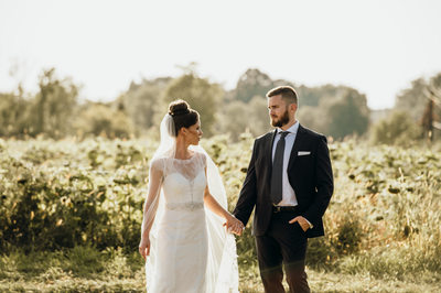 Photo of Bride and Groom in Sunflower FIeld