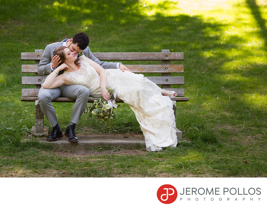 A Bride And Groom Relax On A Spokane Washington Bench