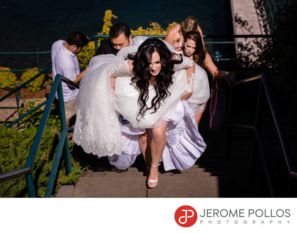 Hayden Lake Country Club Wedding Bride Stair Climb