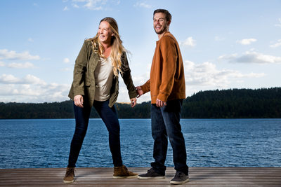 Laughing By The Lake Engagement Portrait