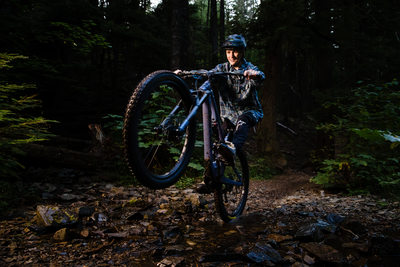Mountain biking senior portrait wheelie Coeur d'Alene