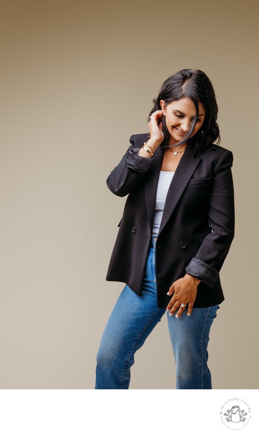 Modern headshots and branding on beige backdrop