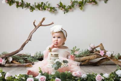 cake smash photo session with green and tree branches