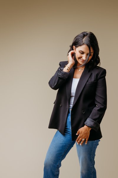 Modern headshots and branding on beige backdrop