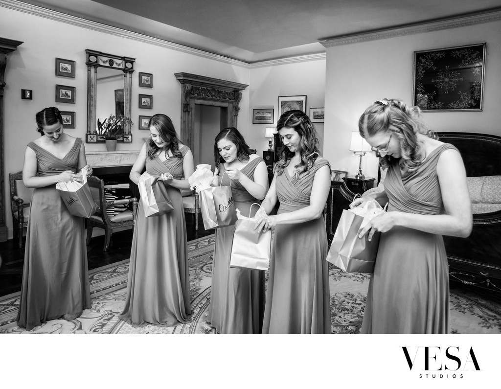 Bridesmaids discovering their gifts Jasna Polana Princeton wedding