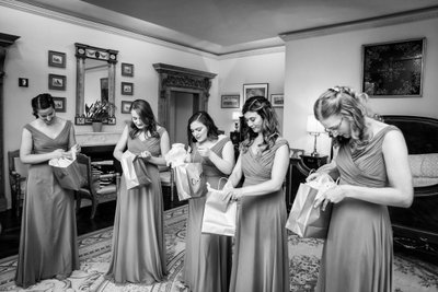 Bridesmaids discovering their gifts Jasna Polana Princeton wedding