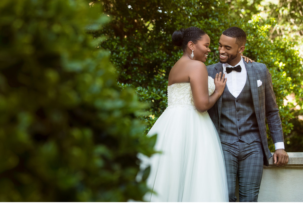 Bride and Groom laughing together at Callanwolde fine arts