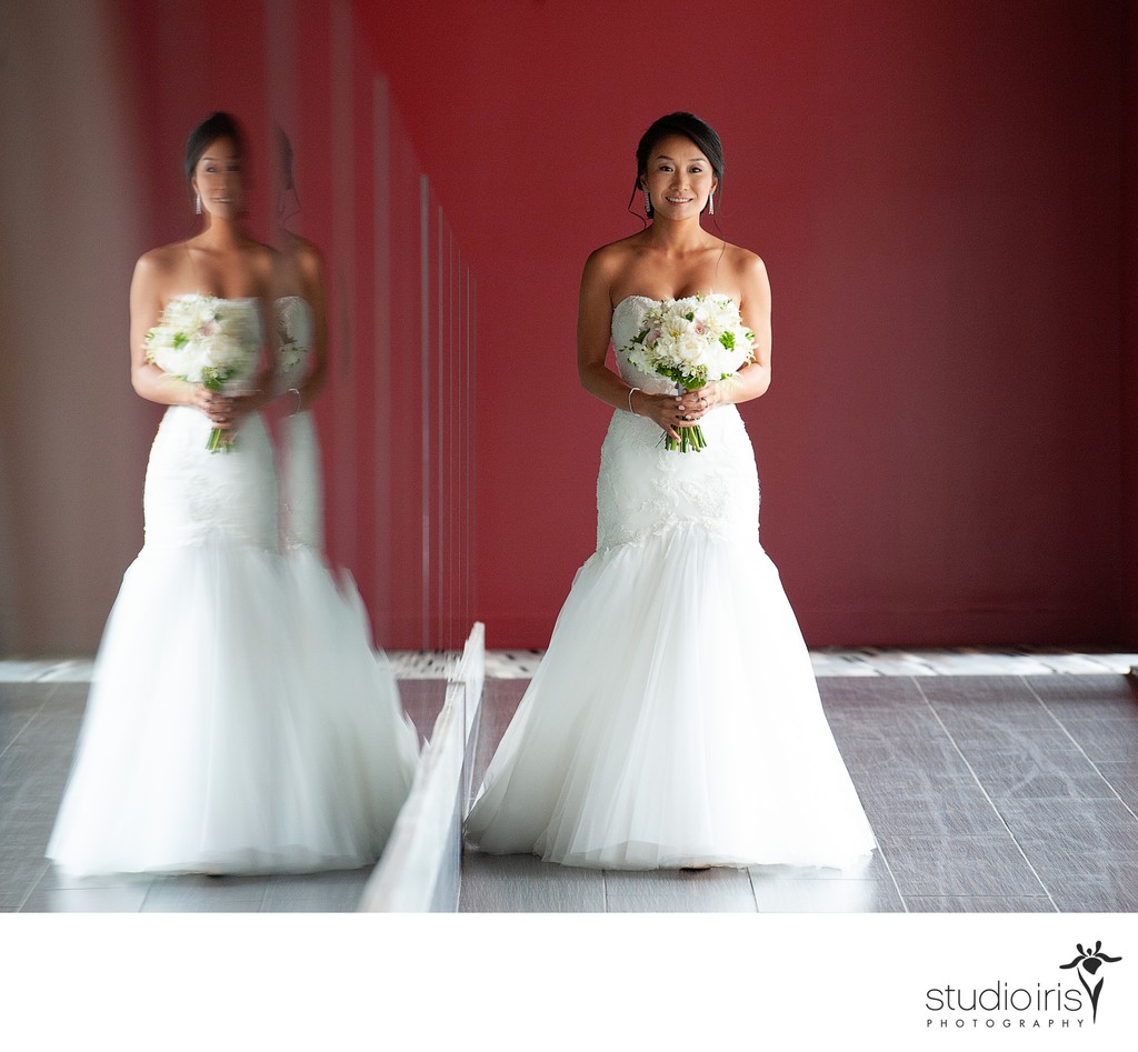 bride approaching groom during first look wedding photo session in Montreal 